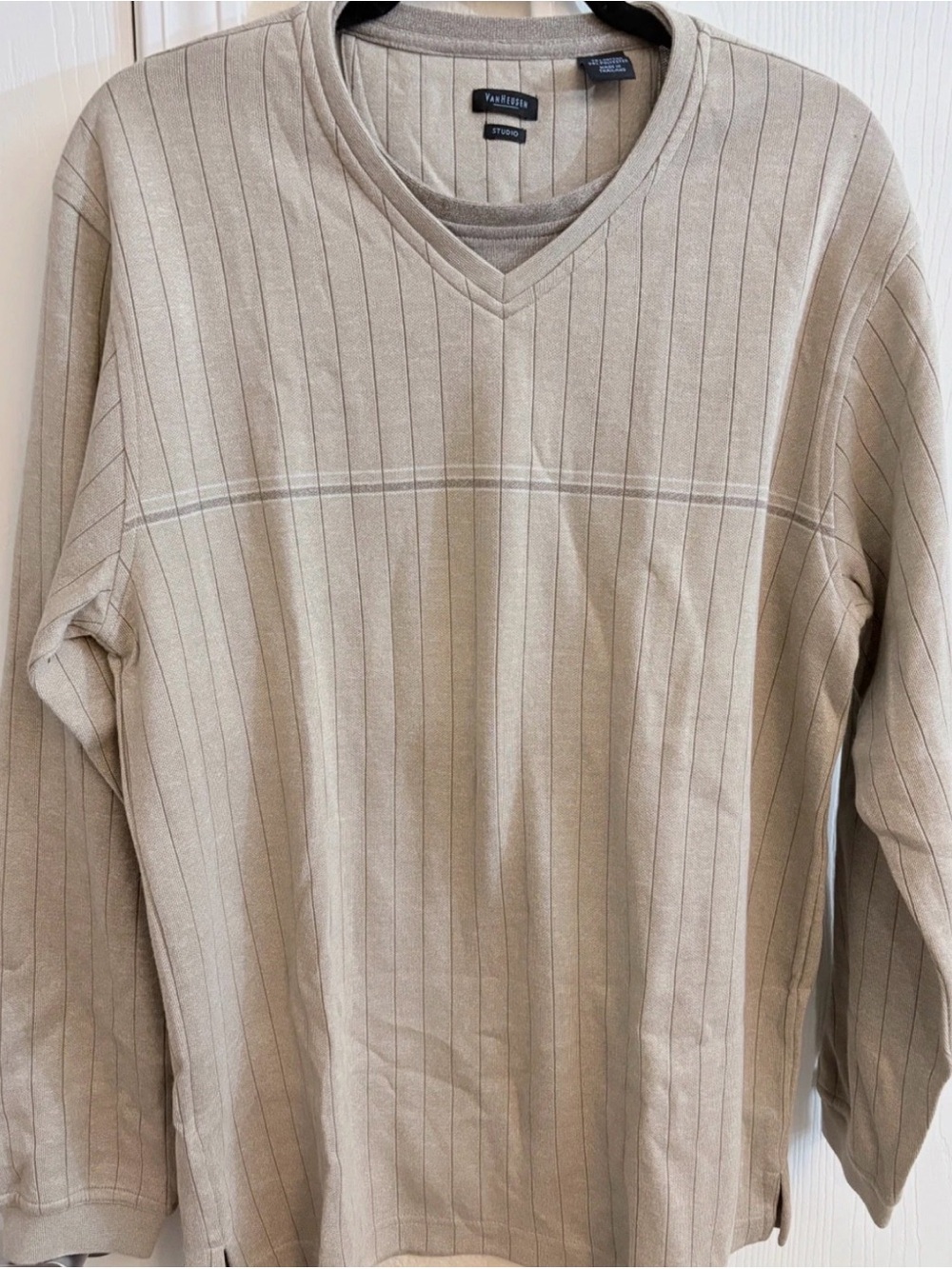 Van Heusen Studio Tan Pinstripe V-Neck Pullover